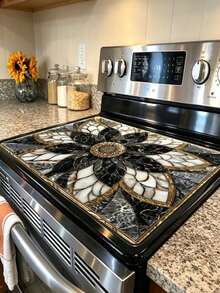 1pc 2D Flat Luxury Black Golden For Lotus Marble Pattern Stove Protector Mat, Wear Resistant, Dirt Resistant, Durable, Easy To Clean, Reusable, Suitable For Travel, Gas Stove, Washing Machine, Kitchen Essentials, Home Decor, Vacation Essentials - A - View 10