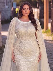 Plus Size Formal Gown With Beaded Sequins And Pearl Details On A Mermaid Silhouette With Extra-Long Cloak Sleeves, And Tie Back For Party Or Event - Champagne - View 3
