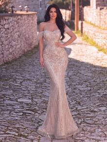 Elegant Off-Shoulder Mermaid Gown With Beaded Tulle, Suitable For Weddings, Red Carpet And Formal Evenings - Baby Pink - View 8