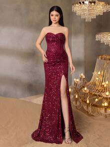 ALISA&LEO Teen Girl Sequin Split Design Elegant Waist-Cinching Party Dress With Transparent Straps - Burgundy - View 4