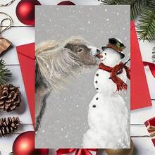 1 Greeting Card + 1 Envelope Adorable Winter Holiday Greeting Card Horse Kissing Snowman With Text Season Greetings For Friends Winter Festive Artistic Style Card - Red Envelope - View 5