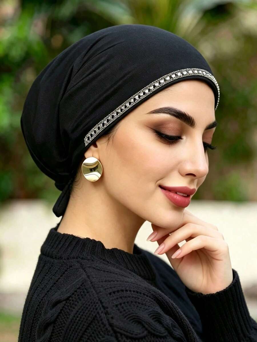 1PC Women's Fashion Solid Color Rhinestone Muslim Tie Hat, Versatile Scarf Headwrap Underscarf, Suitable For Daily Wear