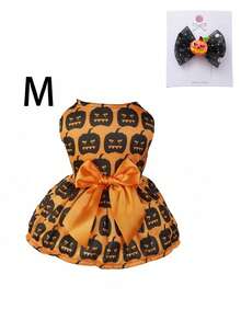 Halloween Pumpkin Print Dog Dress, Matching Bow And Ruffled Collar Set, Cute Orange And Black Halloween Costume, Lantern Pattern, Party Pumpkin Dress, Glittery Pumpkin Bow Hair Clip And Glittery Mesh Ruffled Collar - Multicolor - View 12
