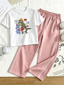 2pcs Kids DTG Rock Dinosaur Guitar Print Outfit, Raglan Short‑Sleeve Tee & Side Stripe Pink Wide Leg Pants Set - White - View 10