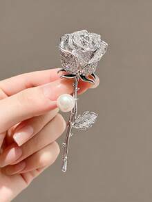 Elegant Dark Rose Brooch, High-End Women's Brooch, Elegant Full Rhinestone Rose Corsage, Niche Design Pin - Silver - View 3