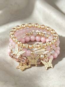 Casual Vacation Style Multi-Layer Elastic Bracelet Set, Girly Pink Beads With 3D Butterfly Decor Hand Jewelry - Multicolor - View 4