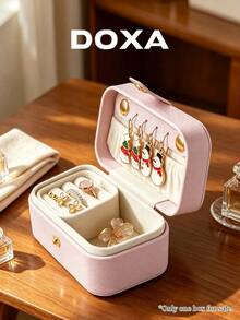 DOXA Mini PU Leather Jewelry Box, Portable Travel Jewelry Organizer, Suitable For Earrings, Rings, Bracelets - Pink - View 4
