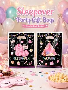 6 Black Pajama Party Gift Bags With Hollow Handles, Cute Tent Pajama Candy Print Packaging, Suitable For Birthday Party, Pajama Party, Snacks, Shopping And Gift Wrapping Supplies - Multicolor - View 3