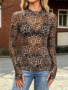 Sexy Leopard Print Tops, Fall Halloween Casual Wear Autumn Leopard Print Stand Collar Mesh Top - Bronze - View 3