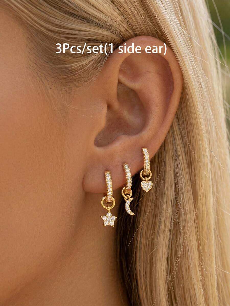 Juego de 3 piezas de pendientes de aro huggie colgantes con estrella, luna y corazón chapados en oro, con encantos de circonita cúbica brillante, joyería de oreja multi-perforación apilable para mujer - 3 piezas/juego (1 oreja lateral) - Ver 1