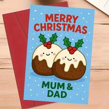 1 Greeting Card + 1 Envelope Adorable Christmas Greeting Card, Cute Pudding Couple Design Merry Christmas, Perfect For Parents, Festive Holiday Cartoon Style Card. - Single Piece - View 11
