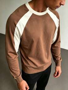 ZYNTH BALENO Kaos Pria Lengan Panjang Raglan Longgar dengan Kerah Bulat dan Motif Patchwork, Cocok untuk Gym, Lari, dan Mendaki. - Coklat - View 2