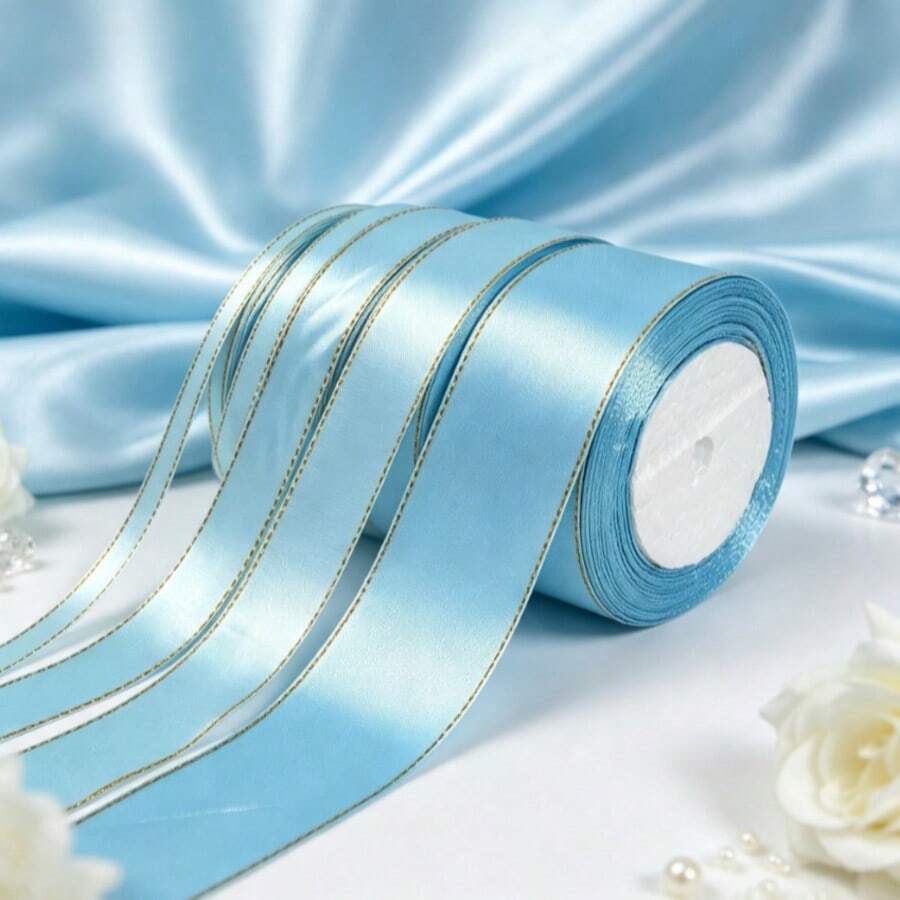 Gold Edge Blue Ribbon 1 Inch X 25 Yards, Satin Ribbon, For Gift Wrapping, Bow Making, Bouquets, Wreaths, DIY Crafts, Sewing Projects, Parties And Wedding Parties - Gold-threaded Blue - View 1