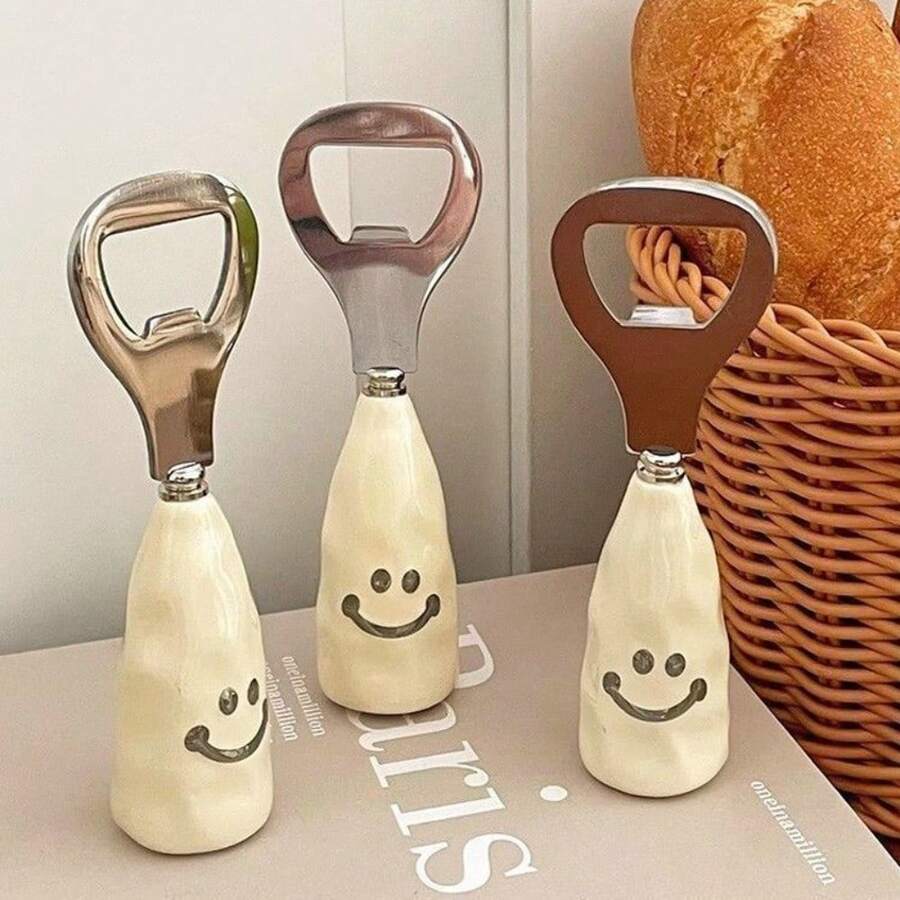 3pcs Cute Smiling Face Beer Bottle Opener, Plastic Handle With Ceramic-Like Finish, Upright Bottle Opener, Creative Stainless Steel Opener - Multicolor - View 1