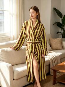 Women's Autumn/Winter Long Bathrobe: Retro Striped Tie Design, Thick Flannel Fabric, Highly Absorbent, Soft And Comfortable, Suitable For Home And Bathroom Wear, Machine Washable. - Multicolor - View 5