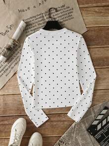 Japanese Cute Polka Dot Puppy Print T-Shirt For Women, Long Sleeve Round Neck Slim Fit Cropped Top, Autumn Inner Layer Round Neck Base Layer - White - View 6