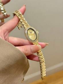 1件女款優雅金色手鍊腕錶，緊湊耐用時尚方形顯示螢幕，迷人禮物，適合日常佩戴 - 金色 - 查看 1