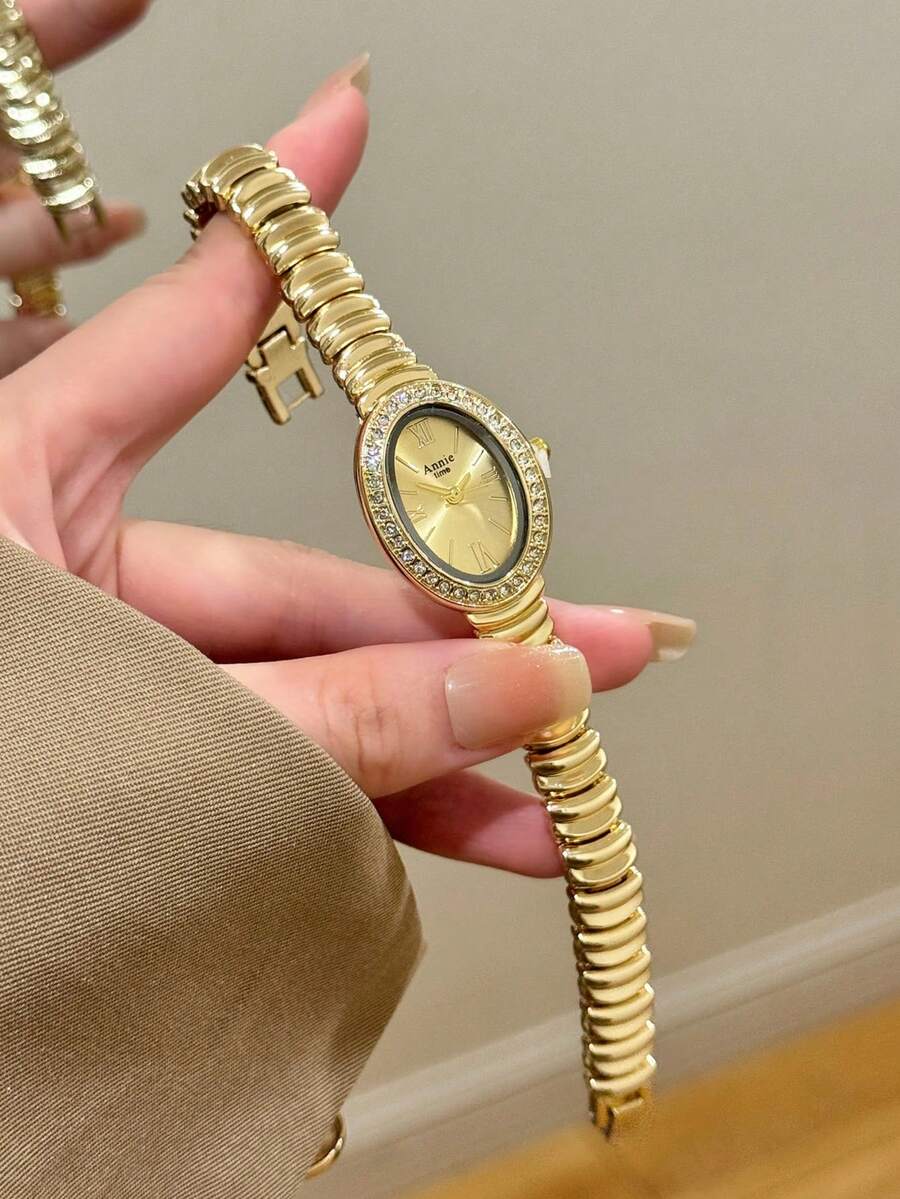 1件女款優雅金色手鍊腕錶,緊湊耐用時尚方形顯示螢幕,迷人禮物,適合日常佩戴 - 金色 - 查看 1