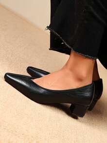Women's V-Cut Pointed Toe Low Heel Pumps, Contrast Trim, Vintage Soft Leather Design, Elegant Office Formal High Heels - Black - View 7