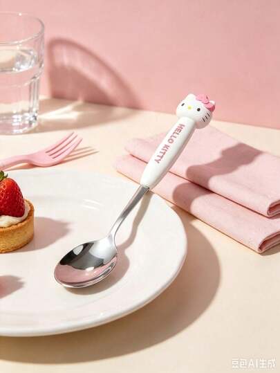 Cute Sanrio Tableware, With 3D Cartoon Silicone Handle, High Polished Stainless Steel Spoon/Fork, Soft Heat-Insulating Handle Anti-Scald, 3 Cute Macaron Colors, Suitable For Daily Dining Decoration, Small Gift For Sanrio Fans