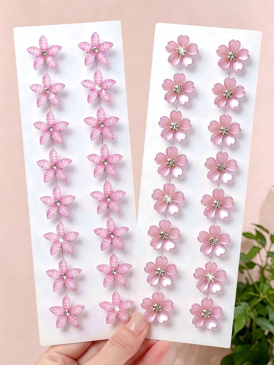 12件組混色粉色花朵髮夾,甜美髮飾,適合女孩與女性,適用於日常外出、返校、假期、派對與約會 - 彩色 - 查看 1