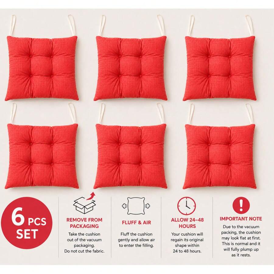 6-Piece Tufted Chair Cushion Set, Made In Turkey, Soft Polyester Seat Pads, Machine Washable, 40x40 Cm For Dining, Kitchen, Garden & Office Chairs - Red - View 1