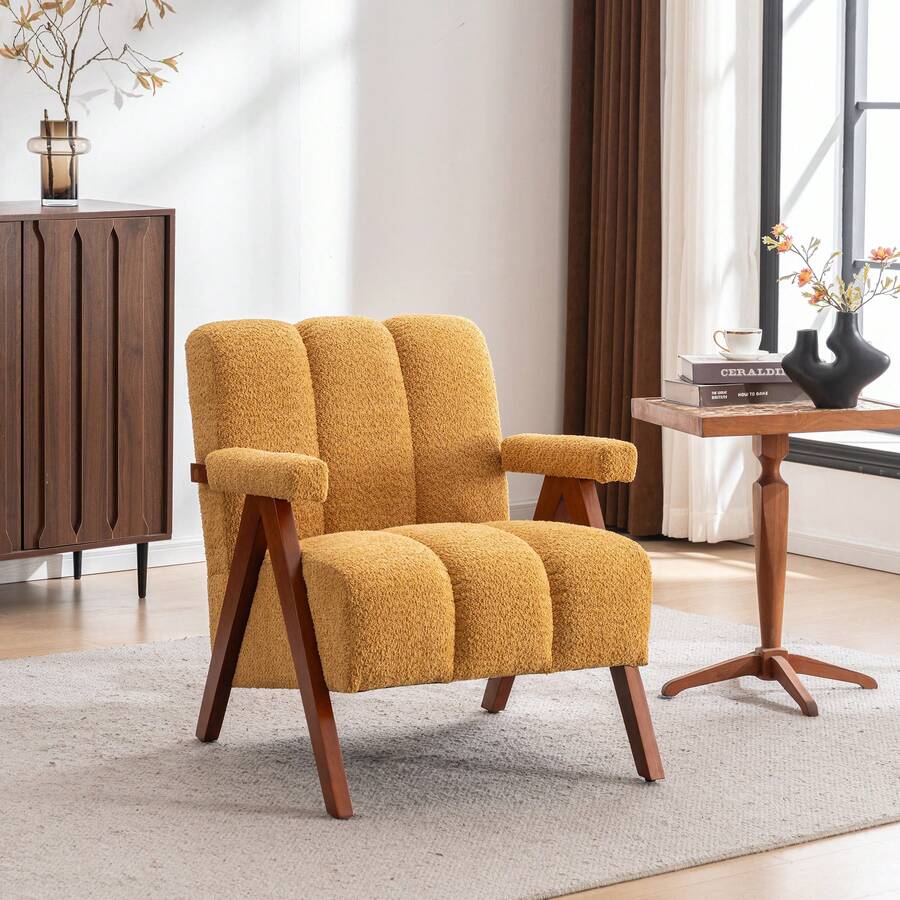 Bouclé Armchair Yellow With Wooden Frame - 黃色 - 查看 1