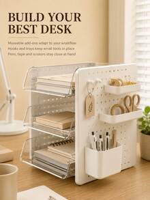 1 buah Organizer File Meja Multi-Layer, Rak Penyimpanan Dokumen Papan Berlubang yang Dapat Disesuaikan dengan Baki Tarik Transparan dan Tempat Pena Samping, Kotak Penyimpanan Alat Tulis, Buku, Perlengkapan Kantor, Cocok untuk Asrama Mahasiswa dan Kantor - MultiWarna - View 3