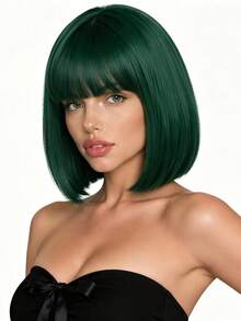 12 Inch Dark Green Air Bangs Women's Wig, Natural Style, Fluffy & Fashionable, Suitable For All Women's Party & Ball Dress-Up Wear - Dark Green - View 3