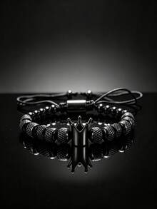 Adjustable Men's Bracelet - Crafted For Boyfriend/Husband, Adjustable Beads Stainless Steel Crown Bracelet, Anniversary Gift - Black - View 11