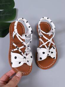 Cute White Polka Dot Bow Sandals For Girls, Criss-Cross Elastic Ankle Strap, Open Toe Kids Summer Shoes, Suitable For Party, Daily Wear, Vacation - White - View 4