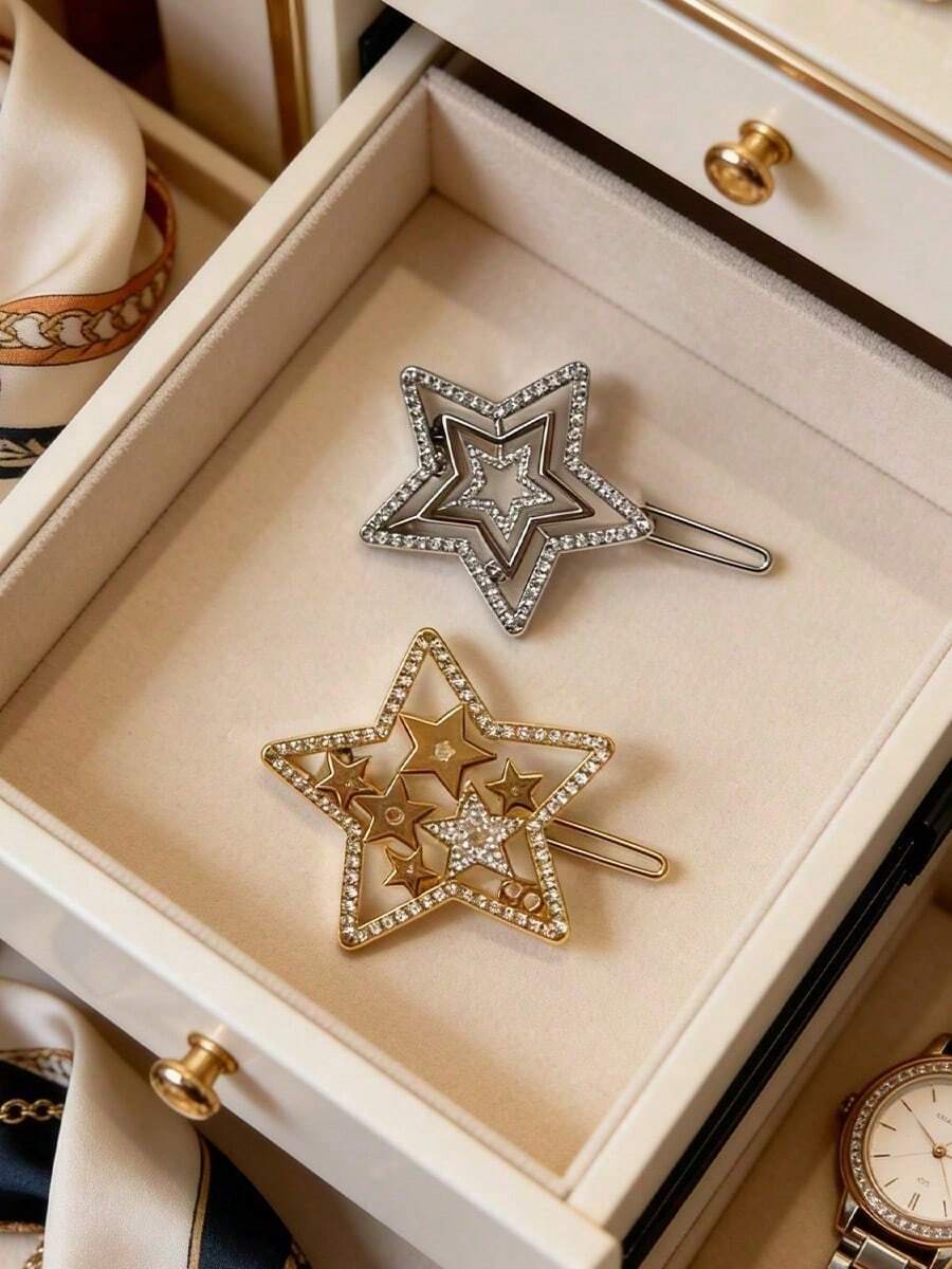 Dior Style Silver And Gold Star Hair Clips Perfect Gift For Her Elegant Party Hair Accessories Exquisite Birthday Gift For Girlfriend Daily Wedding Styling Hair Decor DIOR-GIFT-144 - Silver Gold - View 1