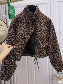 European & American Popular Women's Personalized Casual Versatile Leopard Print Zipper Short Stand Collar Jacket Coat, Suitable For College, Daily, Dating, Spring, Autumn, Winter - Multicolor - View 11