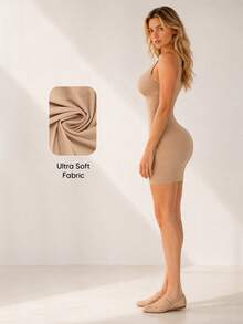 Women's V-Neck Sleeveless Bodycon Dress, Seamless Tummy Control Slimming Mini Dress, Butt Lifting Slimming Party Slip Dress - Khaki - View 5