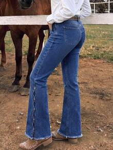 Women's Washed Elastic Flare Jeans With Frayed Hem Design Casual Fall - Medium Wash - View 1