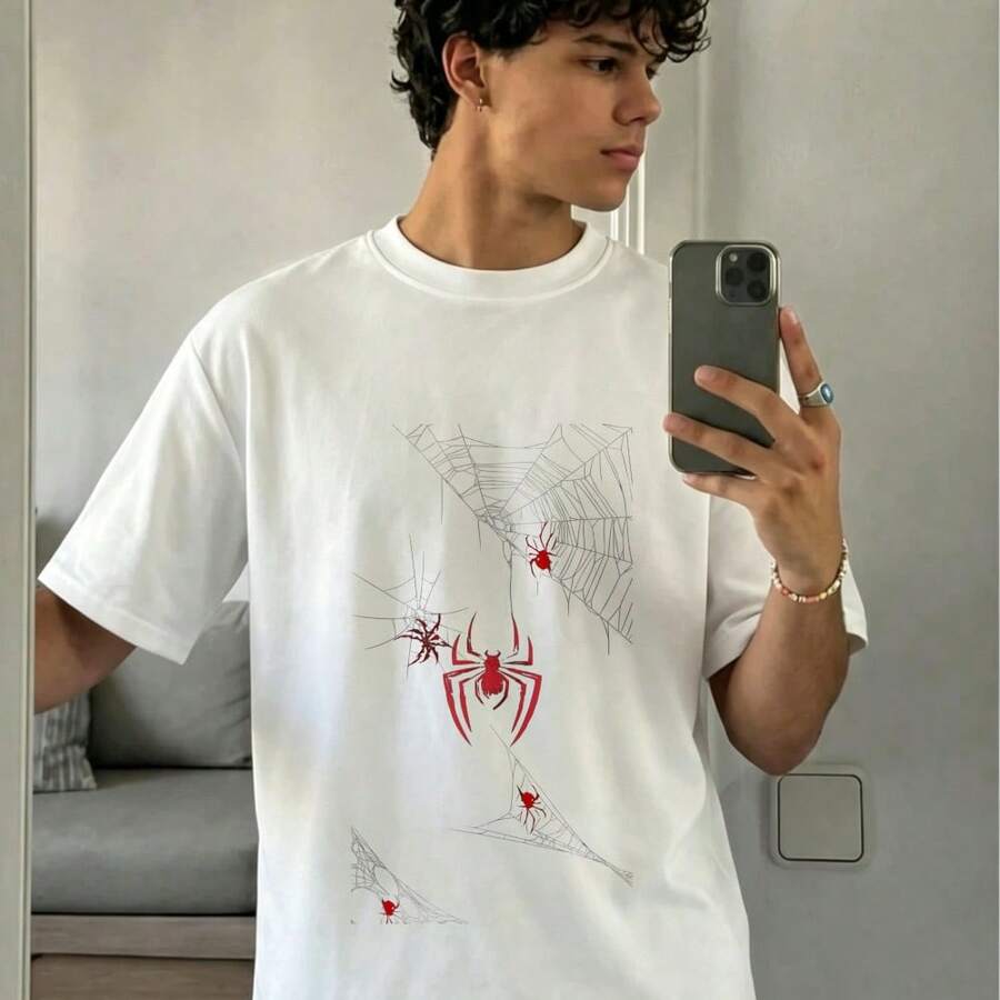 Autumn Maple Leaf Mixed Spider Unisex Loose Tee Seasonal Element Cool Weather Outdoor Walking Casual Wear - 小 PPP - 查看 1