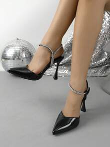 Women's Black Pleated Pointed Toe Slingback High Heels, Double-Layer Rhinestone Stilettos Adjustable Slide Buckle Wine Glass Stiletto Formal Pumps - Black - View 5