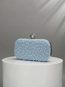 Light Blue Pearl Beaded Evening Clutch, Pearl & Rhinestone Decorated Wallet,Bride, Wedding Items - Baby Blue - View 5