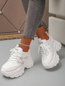 Women's Wedge Platform Sneakers, Fashionable Versatile Rhinestone Decor Lace-Up Casual Chunky Sneakers, Height-Increasing Women's Shoes - White - View 3