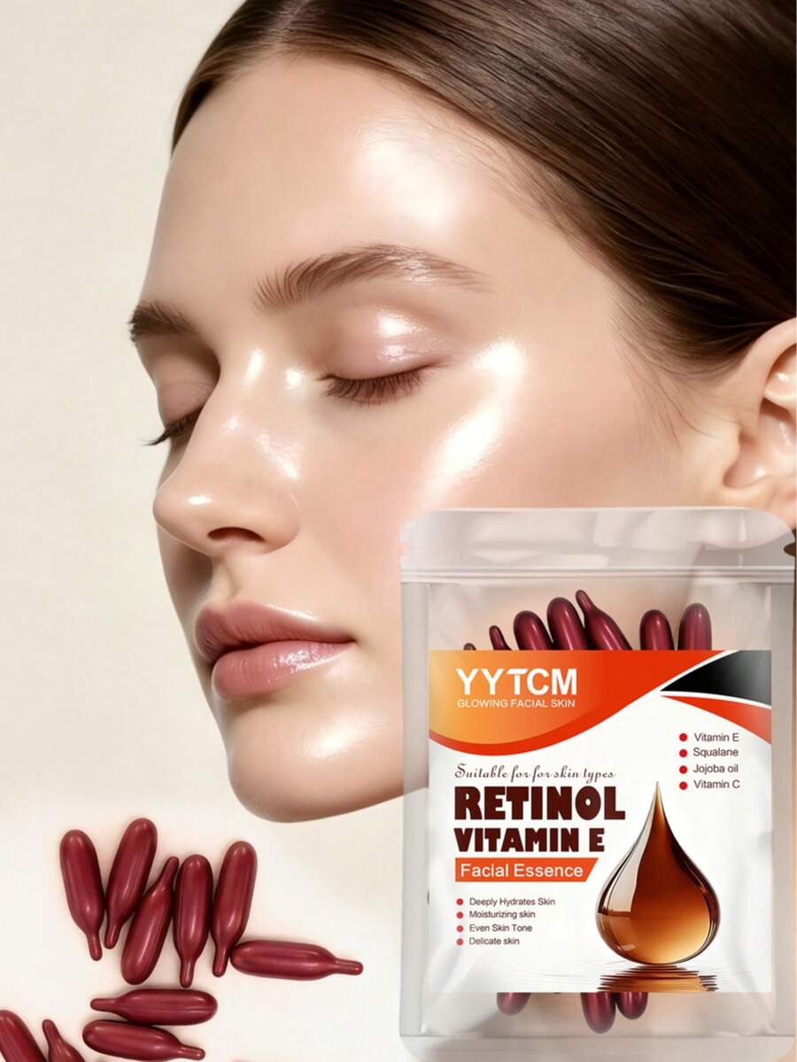 YYTCM Retinol & Vitamin E Deep Moisturizing Capsule Essence, Hydrating, Firming & Smoothing, Contains Phytosqualane, Vitamin C, Deep Hydrating & Brightening Essence, 30 Capsules