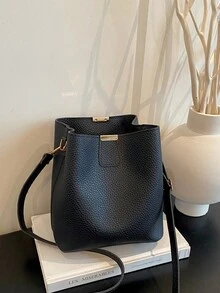 Black Litchi Texture Bucket Bag, Large Capacity Shoulder Crossbody Bag, Minimalist Commuter Versatile Women's Handbag - Black - View 3