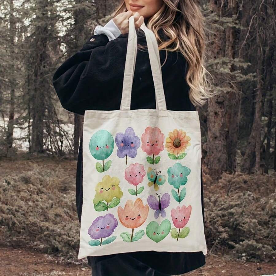 Paquete de 1 pieza, linda bolsa de tela con ilustraciones florales (13.8 pulgadas x 15.8 pulgadas), elegante bolsa de compras, adecuada para el transporte diario, viajes a la playa y un rega - A - Ver 1
