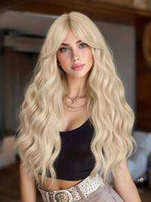 Blonde Wave Wig With Bangs Long Wavy Wig For Women 26 Inch | Soft Synthetic Fiber, Natural Bangs, Beginner Friendly, Daily And Halloween Wear - Multicolor - View 4