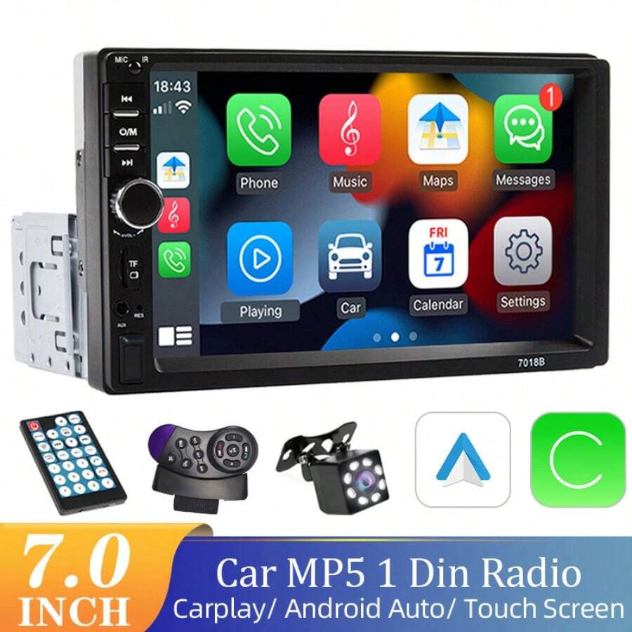 راديو سيارة بمقاس DIN واحد، مشغل وسائط متعددة بشاشة لمس عالية الدقة بمقاس 7 بوصة، يدعم CarPlay و Android Auto و MirrorLink، مدخل FM/AUX