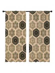 2PCS, Bohemian Hexagonal Floral Curtains, Vintage Mandala Tile Pattern Window Fabric, Pastoral Bohemian Style Living Room Bedroom Kitchen Decor - Multicolor - View 9