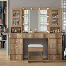 FUSOU Dressing Table With Mirror & LED Lights, Vanity Desk With 12 Drawers, 2 Cabinets, Fold-Up Panel, Glass Top & Chair, White Makeup Table For Bedroom - Natural - View 10