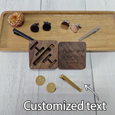 1 Set Of Personalized Metal Cufflink, Tie Clip And Walnut Wood Storage Box, Custom Wedding Accessories For Men, Groomsmen Gifts, Gifts For Fathers