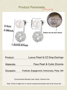 jealous young 1pair High-End Unique Faux Pearl & Cubic Zirconia Ball Drop Earrings, Elegant 2-In-1 Detachable Jewelry For Banquet, Party, Birthday Gift & Daily Wear - Silver - View 4
