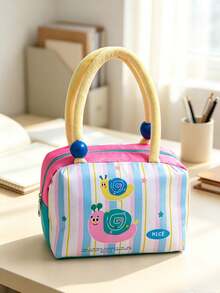 5/1pc Boxy Lunch Tote Handbag, Plush Handle With Color Bead, Bright Striped Pattern Zipper Multicolor Patchwork Bento Storage Bag For Back‑To‑School Office Picnic Travel Office Meal Carrying, Outdoor Picnic And Short Trip Travel - Multiple Colors and Styles - View 14