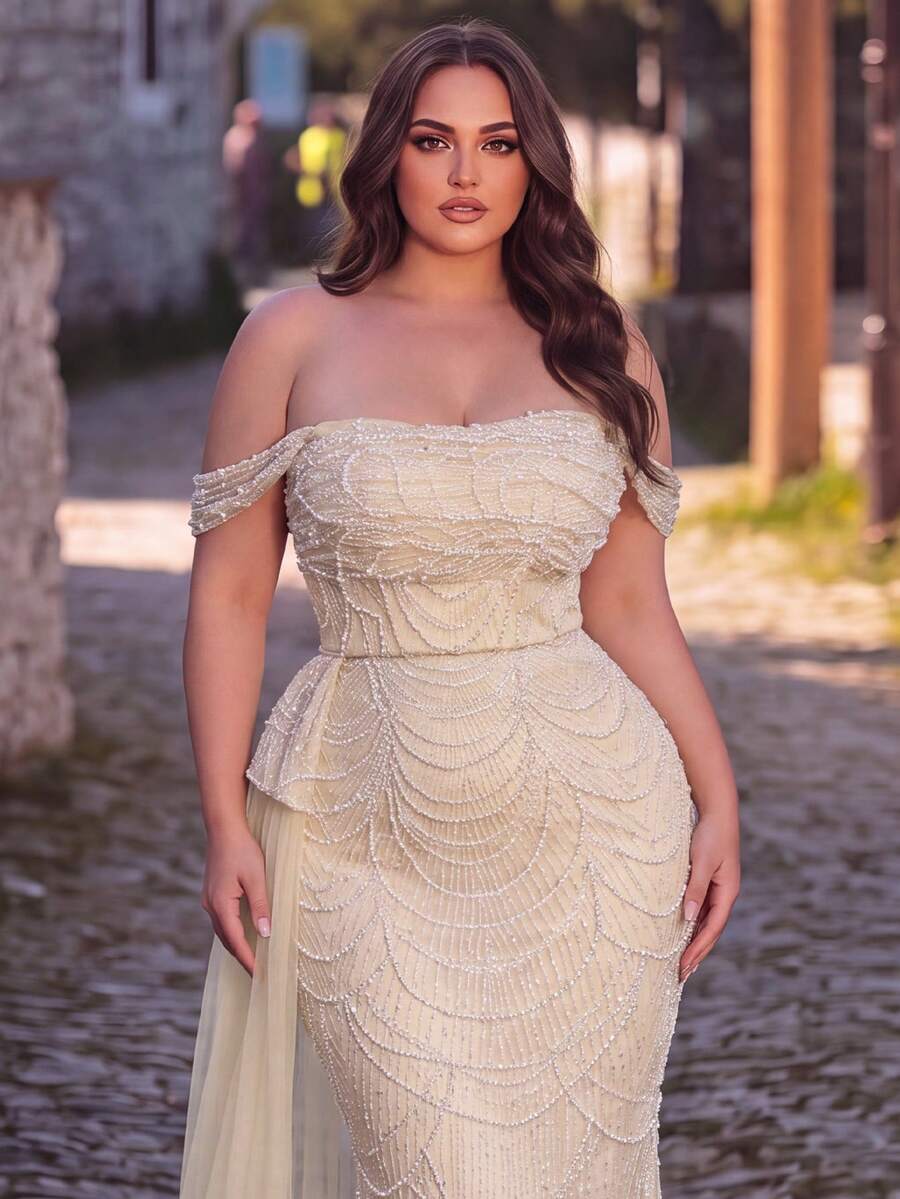 Plus Size Off-Shoulder Sequin Mermaid Gown For Women, Featuring Beaded Detail And Cold Shoulder Sleeves, Ideal For Parties And Special Occasions - Champagne - View 1